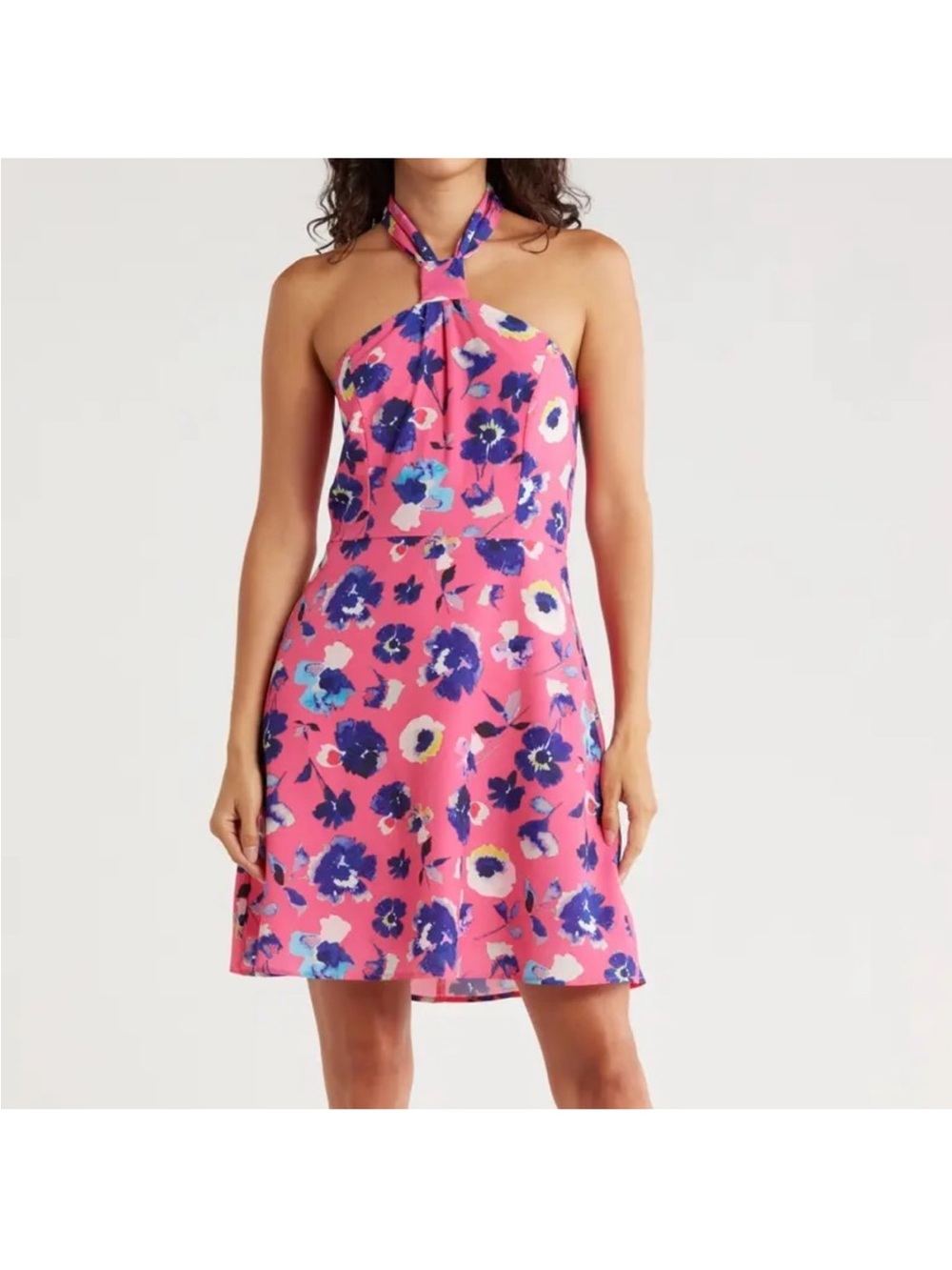 T2)Hutch🌹Halter Floral A-Line Dress in Pink